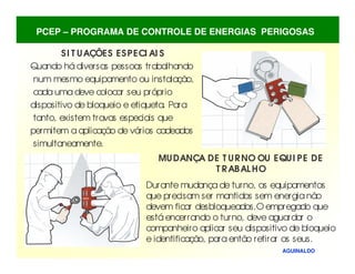AGUINALDO
SI T UAÇÕES ESPECI AI S
Quando hádiversas pessoas trabalhando
num mesmo equipamento ou instalação,
cada uma deve colocar seu próprio
dispositivo de bloqueio e etiqueta. Para
tanto, existem travas especiais que
permitem a aplicação de vários cadeados
simultaneamente.
MUDANÇA DE T URNO OU EQUI PE DE
T RABALHO
Durante mudança de turno, os equipamentos
que precisam ser mantidos sem energianão
devem ficar desbloqueados.Oempregado que
estáencerrando o turno, deve aguardar o
companheiro aplicar seu dispositivo de bloqueio
e identificação, para então retirar os seus.
PCEP – PROGRAMA DE CONTROLE DE ENERGIAS PERIGOSAS
 