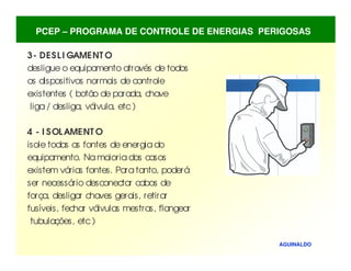 AGUINALDO
3- DESLI GAMENT O
desligue o equipamento através de todos
os dispositivos normais de controle
existentes ( botão de parada, chave
liga/ desliga, válvula, etc)
4 - I SOLAMENT O
isole todas as fontes de energiado
equipamento. Namaioriados casos
existem várias fontes. Paratanto, poderá
ser necessário desconectar cabos de
força, desligar chaves gerais, retirar
fusíveis, fechar válvulas mestras, flangear
tubulações, etc)
PCEP – PROGRAMA DE CONTROLE DE ENERGIAS PERIGOSAS
 
