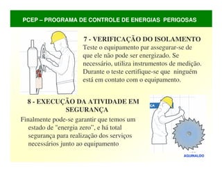 AGUINALDO
8 - EXECUÇÃO DA ATIVIDADE EM
SEGURANÇA
Finalmente pode-se garantir que temos um
estado de "energia zero”, e há total
segurança para realização dos serviços
necessários junto ao equipamento
7 - VERIFICAÇÃO DO ISOLAMENTO
Teste o equipamento par assegurar-se de
que ele não pode ser energizado. Se
necessário, utiliza instrumentos de medição.
Durante o teste certifique-se que ninguém
está em contato com o equipamento.
PCEP – PROGRAMA DE CONTROLE DE ENERGIAS PERIGOSAS
 