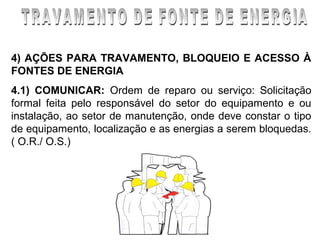 4) AÇÕES PARA TRAVAMENTO, BLOQUEIO E ACESSO À
FONTES DE ENERGIA
4.1) COMUNICAR: Ordem de reparo ou serviço: Solicitação
formal feita pelo responsável do setor do equipamento e ou
instalação, ao setor de manutenção, onde deve constar o tipo
de equipamento, localização e as energias a serem bloquedas.
( O.R./ O.S.)
 