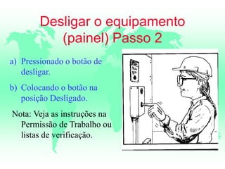 Desligar o equipamento
(painel) Passo 2
a) Pressionado o botão de
desligar.
b) Colocando o botão na
posição Desligado.
Nota: Veja as instruções na
Permissão de Trabalho ou
listas de verificação.
 