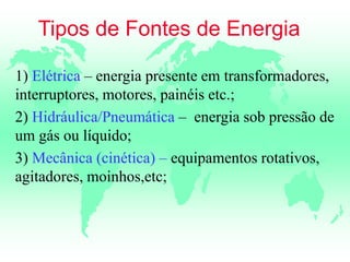 Tipos de Fontes de Energia
1) Elétrica – energia presente em transformadores,
interruptores, motores, painéis etc.;
2) Hidráulica/Pneumática – energia sob pressão de
um gás ou líquido;
3) Mecânica (cinética) – equipamentos rotativos,
agitadores, moinhos,etc;
 