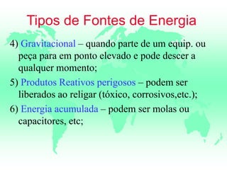 Tipos de Fontes de Energia
4) Gravitacional – quando parte de um equip. ou
peça para em ponto elevado e pode descer a
qualquer momento;
5) Produtos Reativos perigosos – podem ser
liberados ao religar (tóxico, corrosivos,etc.);
6) Energia acumulada – podem ser molas ou
capacitores, etc;
 