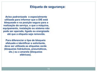 15
Etiqueta de segurança:
Para diferenciar o tipo de bloqueio
efetuado e identificar o solicitante,
deve ser utilizada as etiquetas verde
(bloqueios hidráulicos, pneumáticos,
etc.) ou a amarela (bloqueios
elétricos).
Aviso padronizado e especialmente
utilizada para informar que o DIE está
bloqueado e na posição segura para a
realização do serviço, e que a máquina,
equipamento, instalação ou sistema não
pode ser operado, ligado ou energizado
até que a etiqueta seja removida.
 