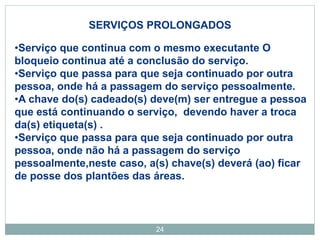 24
SERVIÇOS PROLONGADOS
•Serviço que continua com o mesmo executante O
bloqueio continua até a conclusão do serviço.
•Serviço que passa para que seja continuado por outra
pessoa, onde há a passagem do serviço pessoalmente.
•A chave do(s) cadeado(s) deve(m) ser entregue a pessoa
que está continuando o serviço, devendo haver a troca
da(s) etiqueta(s) .
•Serviço que passa para que seja continuado por outra
pessoa, onde não há a passagem do serviço
pessoalmente,neste caso, a(s) chave(s) deverá (ao) ficar
de posse dos plantões das áreas.
 