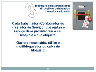 6
Bloquear e sinalizar (utilizando
dispositivos de bloqueios,
cadeados e etiquetas)
Cada trabalhador (Colaborador ou
Prestador de Serviço) que realiza o
serviço deve providenciar o seu
bloqueio e sua etiqueta.
Quando necessário, utilize o
multibloqueador ou caixa de
bloqueio.
 