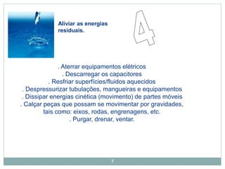 7
Aliviar as energias
residuais.
. Aterrar equipamentos elétricos
. Descarregar os capacitores
. Resfriar superfícies/fluidos aquecidos
. Despressurizar tubulações, mangueiras e equipamentos
. Dissipar energias cinética (movimento) de partes móveis
. Calçar peças que possam se movimentar por gravidades,
tais como: eixos, rodas, engrenagens, etc.
. Purgar, drenar, ventar.
 