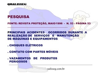 qualisseg@qualisseg.com.br
PESQUISA
FONTE: REVISTA PROTEÇÃO, MAIO/1996 - N. 53 - PÁGINA 53
_________________________________________________
PRINCIPAIS ACIDENTES OCORRIDOS DURANTE A
REALIZAÇÃO DE SERVIÇOS E MANUTENÇÃO
DE MÁQUINAS E EQUIPAMENTOS
. CHOQUES ELÉTRICOS
. CONTATO COM PARTES MÓVEIS
. VAZAMENTOS DE PRODUTOS
PERIGOSOS
 