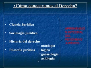 ¿Cómo conoceremos el Derecho?¿Cómo conoceremos el Derecho?
• Ciencia Jurídica
• Sociología jurídica
• Historia del derecho
ontología
• Filosofía jurídica lógica
gnoseología
axiología
APREHENSIÓ
N INTEGRAL
DEL
FENÓMENO
JURÍDICO.
 