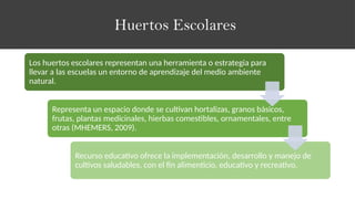 Huertos Escolares
Los huertos escolares representan una herramienta o estrategia para
llevar a las escuelas un entorno de aprendizaje del medio ambiente
natural.
Representa un espacio donde se cultivan hortalizas, granos básicos,
frutas, plantas medicinales, hierbas comestibles, ornamentales, entre
otras (MHEMERS, 2009).
Recurso educativo ofrece la implementación, desarrollo y manejo de
cultivos saludables, con el fin alimenticio, educativo y recreativo.
 