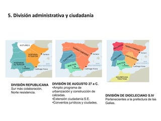 5. División administrativa y ciudadanía
DIVISIÓN REPUBLICANA
Sur más colaboración.
Norte resistencia.
DIVISIÓN DE AUGUSTO 27 a C.
•Amplio programa de
urbanización y construcción de
calzadas.
•Extensión ciudadanía S.E.
•Conventos jurídicos y ciudades.
DIVISIÓN DE DIOCLECIANO S.IV
Pertenecientes a la prefectura de las
Galias.
 