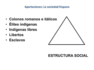Aportaciones: La sociedad hispana
• Colonos romanos e itálicos
• Élites indígenas
• Indígenas libres
• Libertos
• Esclavos
ESTRUCTURA SOCIAL
 