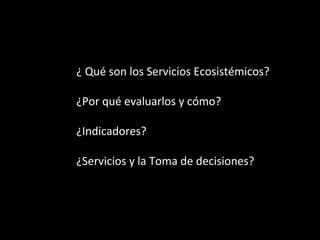 ¿ Qué son los Servicios Ecosistémicos?
¿Por qué evaluarlos y cómo?
¿Indicadores?
¿Servicios y la Toma de decisiones?
 