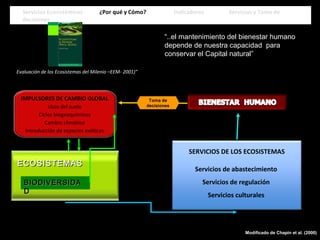 “..el mantenimiento del bienestar humano
depende de nuestra capacidad para
conservar el Capital natural”
Servicios Ecosistémicos ¿Por qué y Cómo? Indicadores Servicios y Toma de
decisiones
Servicios Ecosistémicos ¿Por qué y Cómo? Indicadores Servicios y Toma de
decisiones
(Adaptado de Martín-López, B, 2009)
BIODIVERSIDABIODIVERSIDA
DD
ECOSISTEMASECOSISTEMAS
IMPULSORES DE CAMBIO GLOBAL
Usos del suelo
Ciclos biogeoquímicos
Cambio climático
Introducción de especies exóticas
SERVICIOS DE LOS ECOSISTEMAS
Servicios de abastecimiento
Servicios de regulación
Servicios culturales
Toma de
decisiones
Modificado de Chapin et al. (2000)
Evaluación de los Ecosistemas del Milenio –EEM- 2001)”
 