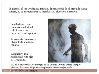 El Dasein: el ser arrojado al mundo, inconsciente de sí, arrojado hacia
    afuera, no se encuentra en su interior sino afuera en el mundo.




      Se relaciona con el
      mundo estableciendo
      relaciones en su
      entorno, construyendo
      .
      El proyecto humano es
      el que le da sentido al
      mundo.


      Es siempre una
      posibilidad y no algo
      determinado.
        No es el sujeto cartesiano que se da cuenta de que existe porque
        piensa. Éste se daa que existe porque se ve arrojado a la
Leonor Barragán Reséndiz del mundo.
        exterioridad                       12
 