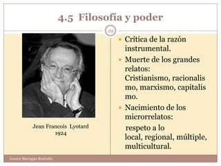 4.5 Filosofía y poder
                                    29
                                          Crítica de la razón
                                           instrumental.
                                          Muerte de los grandes
                                           relatos:
                                           Cristianismo, racionalis
                                           mo, marxismo, capitalis
                                           mo.
                                          Nacimiento de los
                                           microrrelatos:
            Jean Francois Lyotard          respeto a lo
                    1924
                                           local, regional, múltiple,
                                           multicultural.
Leonor Barragán Reséndiz
 