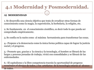 4.1 Modernidad y Posmodernidad.
                                          4
A) MODERNIDAD

1. Se desarrolla una ciencia objetiva que trata de erradicar otras formas de
conocimiento como la magia, la superstición, la herbolaria, la religión, etc.

2. Se fundamenta en el conocimiento científico, es decir todo lo que pueda ser
comprobado empíricamente.

3. Se confía en la razón como al máxima herramienta para transformar las cosas.

4.- Propone a la democracia como la única forma política capaz de lograr la justicia
social y el progreso.

5.- Promete que, gracias a la ciencia y la tecnología, el hombre se librará de las
largas y penosas jornadas de trabajo, vivirá con comodidades y se librará de las
enfermedades.

6.- El capitalismo y la libre competencia traerán la oportunidad de progreso
económico al alcance de todos, y los artefactos de la tecnología estarán al alcance
Leonor Barragán Reséndiz
de todos.
 