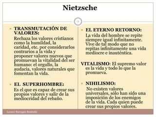 Nietzsche
                                       7

   TRANSMUTACIÓN DE                        EL ETERNO RETORNO:
     VALORES:
                                             La vida del hombre se repite
     Rechaza los valores cristianos          siempre igual infinitamente.
     como la humildad, la                    Vive de tal modo que no
     caridad, etc. por considerarlos         repitas infinitamente una vida
     contrarios a la vida y                  mediocre e inauténtica.
     proponer valores nuevos que
     promuevan la vitalidad del ser
     humano: el orgullo, la                VITALISMO: El supremo valor
     audacia, valores naturales que          es la vida y todo lo que la
     fomentan la vida.                       promueva.

   EL SUPERHOMBRE:                         NIHILISMO:
     Es el que es capaz de crear sus          No existen valores
     propios valores y salir de la           universales, sólo han sido una
     mediocridad del rebaño.                 imposición de los enemigos
                                             de la vida. Cada quien puede
                                             crear sus propios valores.
Leonor Barragán Reséndiz
 