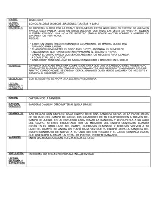 NOMBRE: DISCO-GOLF
MATERIAL
DIDÁCTICO:
CONOS, PELOTAS O DISCOS , BASTONES ,TARJETAS Y LAPIZ
DESARROLLO: SE REPARTEN 9 AROS POR LA PISTA Y SE ENUMERAN. ESTOS AROS SON LOS “HOYOS”. SE JUEGA EN
PAREJA. CADA PAREJA LLEVA UN DISCO VOLADOR QUE HARÁ LAS VECES DE “PELOTA”. TAMBIÉN
LLEVARÁN CONSIGO UNA HOJA DE REGISTRO (TABLA) DONDE ANOTAR NOMBRE Y NÚMERO DE
LANZAMIENTOS POR “HOYO”.
REGLAS:
* EXISTE UN ORDEN PREDETERMINADO DE LANZAMIENTO, DE MANERA QUE SE IRÁN
TURNANDO PARA LANZAR.
* CUANDO CONSIGAN METER EL DISCO EN EL “HOYO”, ANOTARÁN EL NÚMERO DE
LANZAMIENTOS QUE HAN NECESITADO Y PASARÁN AL SIGUIENTE “HOYO”.
* GANARÁ EL GRUPO-PAREJA QUE MENOS LANZAMIENTOS NECESITE PARA ALCANZAR
A COMPLETAR LOS 9 “HOYOS”.
* CADA “HOYO” TIENE UN LUGAR DE SALIDA ESTABLECIDO Y MARCADO EN EL SUELO.
VARIANTES: LA PAREJA QUE ACABE HACE UNA COMPETICIÓN, EN LA QUE UNO VA LANZANDO EN EL PRIMER HOYO
HASTA METER EL DISCO, CONTÁNDOSE LOS LANZAMIENTOS QUE NECESITA Y HACIENDO EL OTRO DE
ÁRBITRO. CUANDO ACABE, SE CAMBIAN DE ROL, GANANDO QUIEN MENOS LANZAMIENTOS NECESITE Y
PASANDO AL SIGUIENTE HOYO.
VINCULACION:
LECTURA,
ESCRITURA Y
MATEMATICAS
CON EL REGISTRO SE APOYA A LA LECTURA Y ESCRITURA.
NOMBRE: CAPTURANDOLA BANDERA
MATERIAL
DIDÁCTICO:
BANDERASO ALGUN OTRO MATERIAL QUE LA SIMULE
DESARROLLO: LAS REGLAS SON SIMPLES: CADA EQUIPO TIENE UNA BANDERA CERCA DE LA PARTE MEDIA
DE SU LADO DEL CAMPO DE JUEGO. LOS JUGADORES DE TU EQUIPO CORREN A TRAVÉS DEL
CAMPO DE JUEGO, EN UN ESFUERZO PARA TOMAR LA BANDERA Y DEVOLVERLA A SU LADO
DEL CAMPO. SI ERES ETIQUETADO POR UN MIEMBRO DEL EQUIPO CONTRARIO CUANDO
ESTÁS EN EL OTRO LADO DEL CAMPO, QUEDARÁS ELIMINADO Y DEBERÁS VOLVER A TU
LADO DEL CAMPO. SE ANOTA UN PUNTO CADA VEZ QUE TU EQUIPO LLEVA LA BANDERA DEL
EQUIPO CONTRARIO DE NUEVO A SU LADO SIN SER TOCADO Y EL JUEGO CONTINÚA HASTA
QUE UN EQUIPO ALCANZA UN TOTAL DE PUNTOS PREDETERMINADOS.
VARIANTES: ENTRE LOS ALUMNOS DARAN NUEVASREGLAS AL JUEGO
VINCULACION:
LECTURA,
ESCRITURA Y
MATEMATICAS
ESCRIBIRAN SUS REGLAS PROPUESTASEN LA ACTIVIDAD
 
