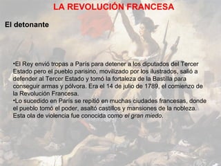 LA REVOLUCIÓN FRANCESA

El detonante




  •El Rey envió tropas a París para detener a los diputados del Tercer
  Estado pero el pueblo parisino, movilizado por los ilustrados, salió a
  defender al Tercer Estado y tomó la fortaleza de la Bastilla para
  conseguir armas y pólvora. Era el 14 de julio de 1789, el comienzo de
  la Revolución Francesa.
  •Lo sucedido en París se repitió en muchas ciudades francesas, donde
  el pueblo tomó el poder, asaltó castillos y mansiones de la nobleza.
  Esta ola de violencia fue conocida como el gran miedo.
 