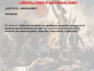 LIBERALISMO Y NACIONALISMO
¿QUÉ ES EL LIBERALISMO?

SOCIEDAD



En resumen: Todos los hombres son iguales en derechos, aunque no lo
serán en sus condiciones de vida. Se acabaron los estamentos pero
nacieron las clases sociales: clase alta, clase media y clase baja.
 