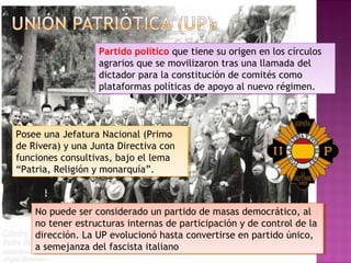 Partido político que tiene su origen en los círculos
agrarios que se movilizaron tras una llamada del
dictador para la constitución de comités como
plataformas políticas de apoyo al nuevo régimen.
Partido político que tiene su origen en los círculos
agrarios que se movilizaron tras una llamada del
dictador para la constitución de comités como
plataformas políticas de apoyo al nuevo régimen.
Posee una Jefatura Nacional (Primo
de Rivera) y una Junta Directiva con
funciones consultivas, bajo el lema
“Patria, Religión y monarquía”.
Posee una Jefatura Nacional (Primo
de Rivera) y una Junta Directiva con
funciones consultivas, bajo el lema
“Patria, Religión y monarquía”.
No puede ser considerado un partido de masas democrático, al
no tener estructuras internas de participación y de control de la
dirección. La UP evolucionó hasta convertirse en partido único,
a semejanza del fascista italiano
No puede ser considerado un partido de masas democrático, al
no tener estructuras internas de participación y de control de la
dirección. La UP evolucionó hasta convertirse en partido único,
a semejanza del fascista italiano
 