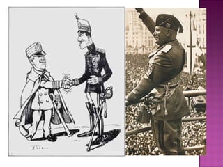 •El golpe de Estado se justifica con el argumento de que el
régimen constitucional estaba bloqueado y desprestigiado con
grave peligro de revolución social. Los viejos partidos siguen con
elecciones falseadas y gobiernos de concentración.
•El descontento del ejército tras el Desastre de Annual, además
del clima conspirativo provocado por los militares africanistas.
•El fin de la I Guerra Mundial acarreó una grave crisis
económica. El aumento de precios y la escasez de demanda
exterior conllevaron conflictividad y hundimiento de la industria.
•Dificultades de orden público junto al auge de los nacionalismos
periféricos, el ascenso de los republicanos y del movimiento obrero
•El triunfo del fascismo en Italia con Mussolini en 1922 (Marcha
sobre Roma), y las declaraciones del Rey apelando a una solución
“con o sin la Constitución”
 