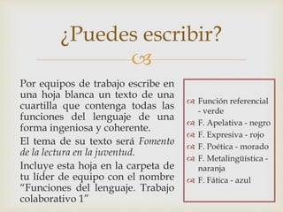 
Por equipos de trabajo escribe en
una hoja blanca un texto de una
cuartilla que contenga todas las
funciones del lenguaje de una
forma ingeniosa y coherente.
El tema de su texto será Fomento
de la lectura en la juventud.
Incluye esta hoja en la carpeta de
tu líder de equipo con el nombre
“Funciones del lenguaje. Trabajo
colaborativo 1”
¿Puedes escribir?
 Función referencial
- verde
 F. Apelativa - negro
 F. Expresiva - rojo
 F. Poética - morado
 F. Metalingüística -
naranja
 F. Fática - azul
 