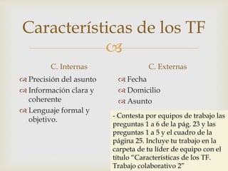
Características de los TF
C. Internas
 Precisión del asunto
 Información clara y
coherente
 Lenguaje formal y
objetivo.
C. Externas
 Fecha
 Domicilio
 Asunto
- Contesta por equipos de trabajo las
preguntas 1 a 6 de la pág. 23 y las
preguntas 1 a 5 y el cuadro de la
página 25. Incluye tu trabajo en la
carpeta de tu líder de equipo con el
título “Características de los TF.
Trabajo colaborativo 2”
 