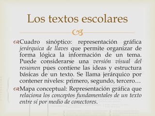 
Cuadro sinóptico: representación gráfica
jerárquica de llaves que permite organizar de
forma lógica la información de un tema.
Puede considerarse una versión visual del
resumen pues contiene las ideas y estructura
básicas de un texto. Se llama jerárquico por
contener niveles: primero, segundo, tercero…
Mapa conceptual: Representación gráfica que
relaciona los conceptos fundamentales de un texto
entre sí por medio de conectores.
Los textos escolares
 