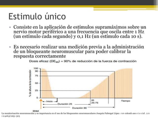 Estimulo único 
• Consiste en la aplicación de estímulos supramáximos sobre un 
nervio motor periférico a una frecuencia que oscila entre 1 Hz 
(un estímulo cada segundo) y 0,1 Hz (un estímulo cada 10 s). 
• Es necesario realizar una medición previa a la administración 
de un bloqueante neuromuscular para poder calibrar la 
respuesta correctamente 
La monitorización neuromuscular y su importancia en el uso de los bloqueantes neuromusculares Joaquín Fabregat López r ev colomb ane s t e s iol . 2 0 
1 2;40(4):293–303 
 