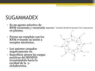 SUGAMMADEX 
• Es un agente selectivo de 
BNM rocuronio y vecuronio 
en plasma. 
• Forma un complejo con los 
RNM evitando su unión a 
receptor nicotinico. 
• Los aniones cargados 
negativamente en 
• Superfiicie atraen las cargas 
positivas del BNMND 
arrastrándolo hacia la 
cavidad de la γ- 
ciclodextrina. 
g 
 