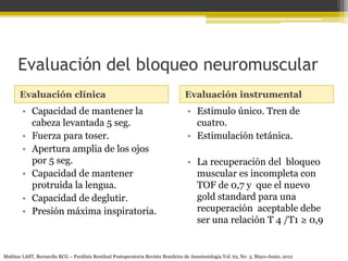 Evaluación del bloqueo neuromuscular 
Evaluación clínica Evaluación instrumental 
• Capacidad de mantener la 
cabeza levantada 5 seg. 
• Fuerza para toser. 
• Apertura amplia de los ojos 
por 5 seg. 
• Capacidad de mantener 
protruida la lengua. 
• Capacidad de deglutir. 
• Presión máxima inspiratoria. 
• Estimulo único. Tren de 
cuatro. 
• Estimulación tetánica. 
• La recuperación del bloqueo 
muscular es incompleta con 
TOF de 0,7 y que el nuevo 
gold standard para una 
recuperación aceptable debe 
ser una relación T 4 /T1 ≥ 0,9 
Mathias LAST, Bernardis RCG – Parálisis Residual Postoperatoria Revista Brasileira de Anestesiologia Vol. 62, No 3, Mayo-Junio, 2012 
 