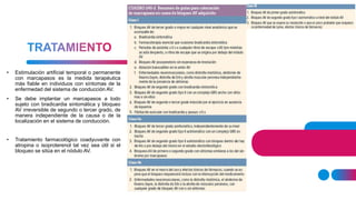 • Estimulación artificial temporal o permanente
con marcapasos es la medida terapéutica
más fiable en individuos con síntomas de la
enfermedad del sistema de conducción AV.
• Se debe implantar un marcapasos a todo
sujeto con bradicardia sintomática y bloqueo
AV irreversible de segundo o tercer grado, de
manera independiente de la causa o de la
localización en el sistema de conducción.
• Tratamiento farmacológico coadyuvante con
atropina o isoproterenol tal vez sea útil si el
bloqueo se sitúa en el nódulo AV.
 