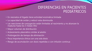 DIFERENCIAS EN PACIENTES
PEDIÁTRICOS
• En neonatos el hígado tiene actividad enzimática limitada
• La capacidad de oxidar y reducir esta disminuida
• Las reacciones de conjugación están limitadas al nacimiento y no alcanzan la
madurez hasta los 3 meses VEU
• Mayor volumen de distribución
• Aclaramiento plasmático similar al adulto
• Prolongación de tiempo de eliminación
• Poca importancia clínica con una sola dosis
• Riesgo de acumulación con dosis repetidas o con infusión continua
 