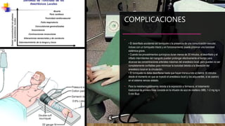 COMPLICACIONES
•
• El desinflado accidental del torniquete o la presencia de una comunicación vascular,
incluso con un torniquete intacto y en funcionamiento, puede provocar una toxicidad
sistémica grave.
• Cuando los procedimientos quirúrgicos duran menos de 30 minutos, el desinflado y el
inflado intermitentes del manguito pueden prolongar efectivamente el tiempo para
alcanzar las concentraciones arteriales máximas del anestésico local, pero pueden no ser
completamente confiables para minimizar la toxicidad debida a la liberación del
anestésico local en la circulación.
• El torniquete no debe desinflarse hasta que hayan transcurrido al menos 30 minutos
desde el momento en que se inyectó el anestésico local (y los adyuvantes, si se usaron)
en el sistema venoso aislado.
• Para la metahemoglobinemia debida a la exposición a fármacos, el tratamiento
tradicional de primera línea consiste en la infusión de azul de metileno (MB). 1-2 mg kg iv
5 min Bupi
 