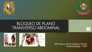 BLOQUEO DE PLANO
TRANSVERSO ABDOMINAL
MR Roxana Gissel Orellana Gómez
Anestesiología - HMC
 