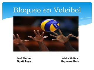 Bloqueo en Voleibol




 José Molina    Aisha Molina
 Wyatt Lugo    Sayonara Ruiz
 