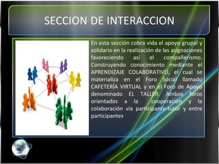 En esta sección cobra vida el apoyo grupal y solidario en la realización de las asignaciones favoreciendo así el compañerismo. Construyendo conocimiento mediante el APRENDIZAJE COLABORATIVO, el cual se materializa en el Foro Social llamado CAFETERÍA VIRTUAL y en el Foro de Apoyo denominado EL TALLER. Ambos foros orientados a la  cooperación y la colaboración vía participante-tutor y entre participantes . 