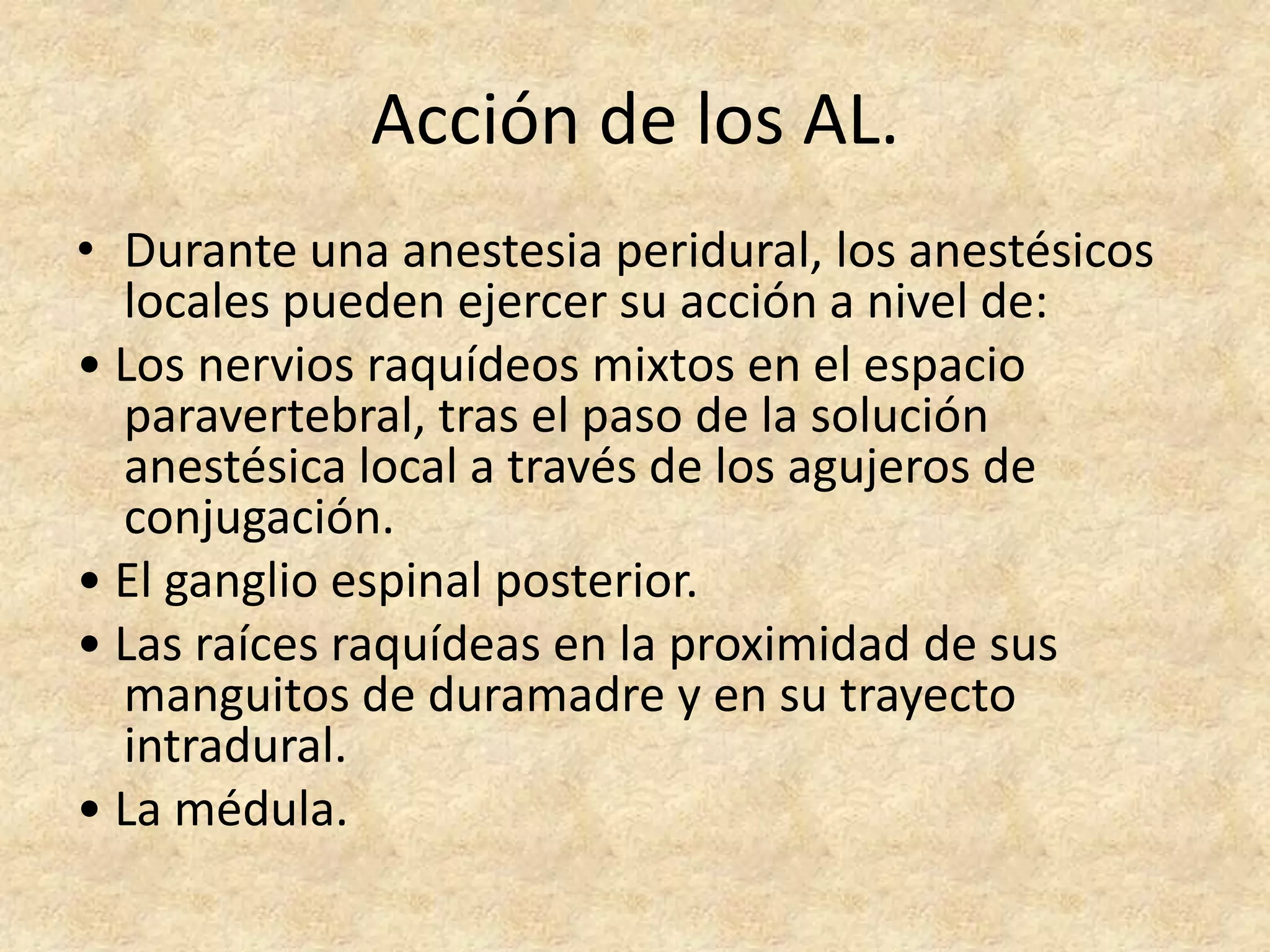 Acción de los AL.
• Durante una anestesia peridural, los anestésicos
  locales pueden ejercer su acción a nivel de:
• Los nervios raquídeos mixtos en el espacio
  paravertebral, tras el paso de la solución
  anestésica local a través de los agujeros de
  conjugación.
• El ganglio espinal posterior.
• Las raíces raquídeas en la proximidad de sus
  manguitos de duramadre y en su trayecto
  intradural.
• La médula.
 