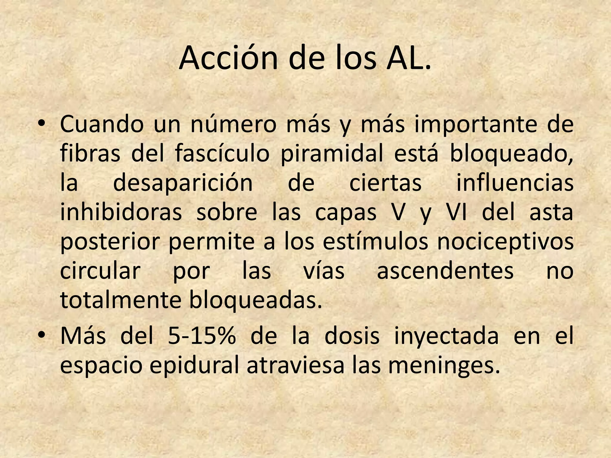Acción de los AL.
• Cuando un número más y más importante de
  fibras del fascículo piramidal está bloqueado,
  la desaparición de ciertas influencias
  inhibidoras sobre las capas V y VI del asta
  posterior permite a los estímulos nociceptivos
  circular por las vías ascendentes no
  totalmente bloqueadas.
• Más del 5-15% de la dosis inyectada en el
  espacio epidural atraviesa las meninges.
 