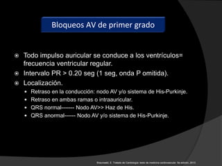  Todo impulso auricular se conduce a los ventrículos=
frecuencia ventricular regular.
 Intervalo PR > 0.20 seg (1 seg, onda P omitida).
 Localización.
 Retraso en la conducción: nodo AV y/o sistema de His-Purkinje.
 Retraso en ambas ramas o intraauricular.
 QRS normal------- Nodo AV>> Haz de His.
 QRS anormal------ Nodo AV y/o sistema de His-Purkinje.
Braunwald, E. Tratado de Cardiología: texto de medicina cardiovascular. 9a edición, 2013.
Bloqueos AV de primer grado
 