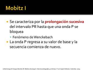  Se caracteriza por la prolongación sucesiva
del intervalo PR hasta que una onda P se
bloquea
 Fenómeno deWenckebach
 La onda P regresa a su valor de base y la
secuencia comienza de nuevo.
Uribe Arango W. Duque Ramírez M. Medina Durango E. Electrocardiografía y arritmias. P. LA.Export Editores. Colombia. 2005.
 
