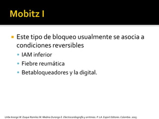  Este tipo de bloqueo usualmente se asocia a
condiciones reversibles
 IAM inferior
 Fiebre reumática
 Betabloqueadores y la digital.
Uribe Arango W. Duque Ramírez M. Medina Durango E. Electrocardiografía y arritmias. P. LA.Export Editores. Colombia. 2005.
 