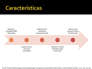 Ondas P y
complejos QRS
disociados
Cada uno a su
ritmo de
marcapaso
Relación P-R
cambiante
constantemente
Ondas P a través
de todo el ciclo
ventricular
Ritmo atrial
siempre mayor
al ventricular
Issa ZF.Clinical Arrhythmology and Electrophysiology. A Companion to Braunwald’s Heart Disease. 2nd Ed. Elsevier Saunders. 2012. Cp 9. 175-195
 