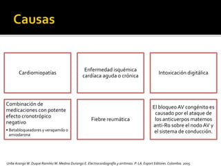 Cardiomiopatías
Enfermedad isquémica
cardíaca aguda o crónica
Intoxicación digitálica
Combinación de
medicaciones con potente
efecto cronotrópico
negativo
• Betabloqueadores y verapamilo o
amiodarona
Fiebre reumática
El bloqueoAV congénito es
causado por el ataque de
los anticuerpos matemos
anti-Ro sobre el nodo AV y
el sistema de conducción.
Uribe Arango W. Duque Ramírez M. Medina Durango E. Electrocardiografía y arritmias. P. LA.Export Editores. Colombia. 2005.
 