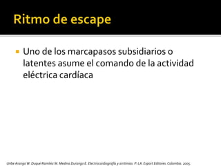  Uno de los marcapasos subsidiarios o
latentes asume el comando de la actividad
eléctrica cardíaca
Uribe Arango W. Duque Ramírez M. Medina Durango E. Electrocardiografía y arritmias. P. LA.Export Editores. Colombia. 2005.
 