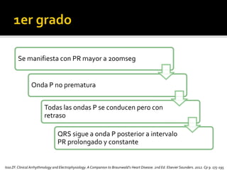 Se manifiesta con PR mayor a 200mseg
Onda P no prematura
Todas las ondas P se conducen pero con
retraso
QRS sigue a onda P posterior a intervalo
PR prolongado y constante
Issa ZF.Clinical Arrhythmology and Electrophysiology. A Companion to Braunwald’s Heart Disease. 2nd Ed. Elsevier Saunders. 2012. Cp 9. 175-195
 