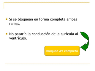  Si se bloquean en forma completa ambas
ramas.
 No pasaría la conducción de la aurícula al
ventrículo.
Bloqueo AV completo
 