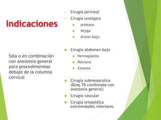 Indicaciones 
• Cirugia perineal 
• Cirugia urológica 
 próstata 
 Vejiga 
 Ureter bajo 
 Cirugia abdomen bajo 
 Hernioplastia 
 Pelviana 
 Cesarea 
 Cirugia submesocolica 
(Bloq.T6 combinada con 
anestesia general) 
 Cirugia vascular 
 Cirugia ortopédica 
extremidades inferiores 
Sola o en combinación 
con anestesia general 
para procedimeintos 
debajo de la columna 
cervical 
 